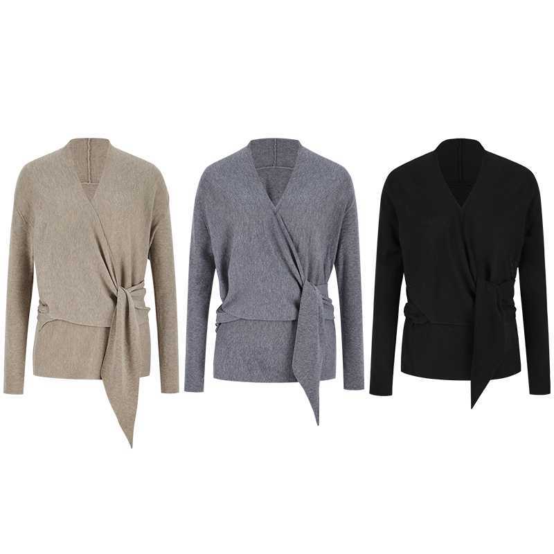 实拍~-灰色交叉v领针织衫秋冬新款绑带收腰显瘦长袖上衣