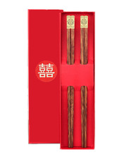红檀木鸡翅木喜筷2双礼盒装中国风金属头圆顶福筷子筷盒工厂批发