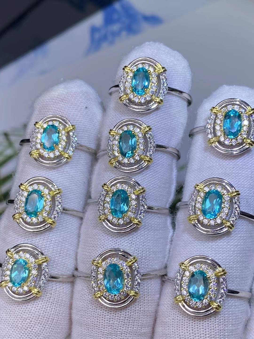 批发帕拉伊巴色蓝磷灰戒指 纯净体火彩爆闪 925银镶嵌 活口设计