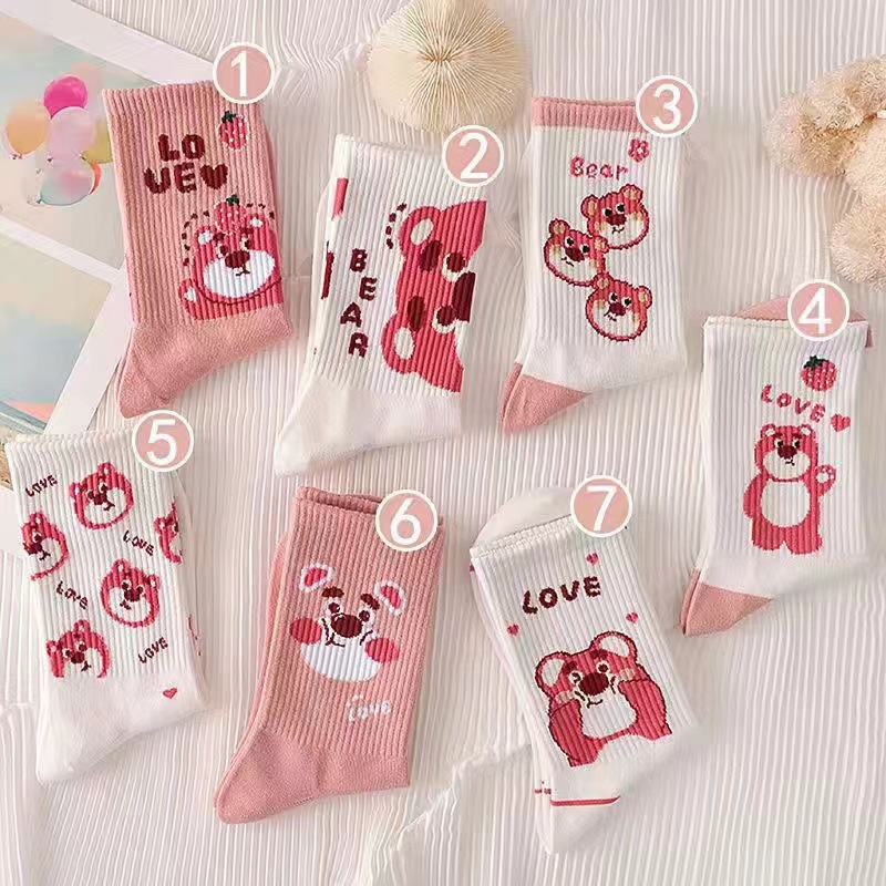 Cute Women's Pink Strawberry Bear Socks Ins Fashionable All-Matching Autumn and Winter Tube Socks College Style Long Fashion Socks for Women