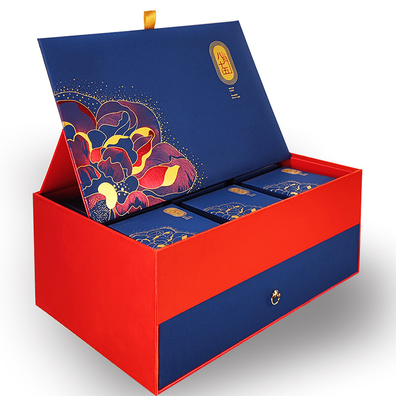 双层月饼盒2022新款中秋月饼包装盒双层抽拉翻盖8粒10粒红蓝色酒