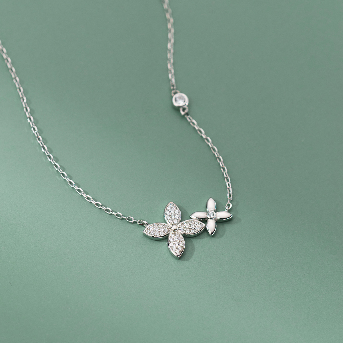 爱洛奇 s925纯银满钻四瓣花项链ins风小清新气质精致颈饰品y00487