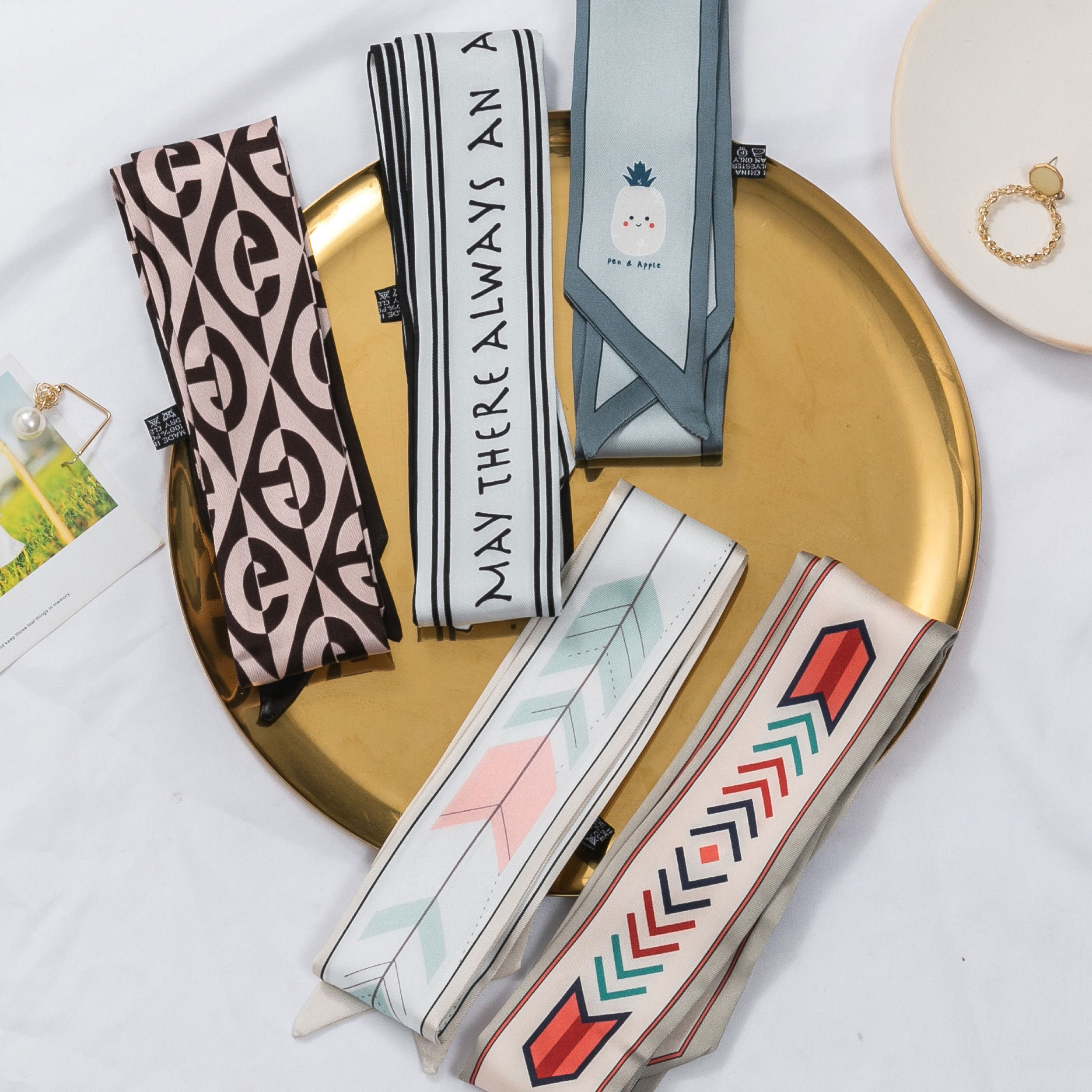 工厂直供几何卡通小丝巾真丝长条丝巾斜纹飘带小长条窄丝巾绑发带