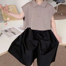 女孩夏季韩版纯色两件套无袖polo衫运动短款百搭薄款阔腿新款套装