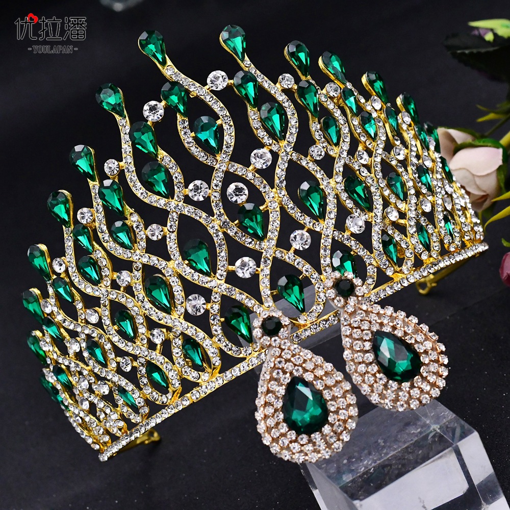 优拉潘 新娘大皇冠婚纱2021新款头饰 合金复古彩色水钻王冠 hp370