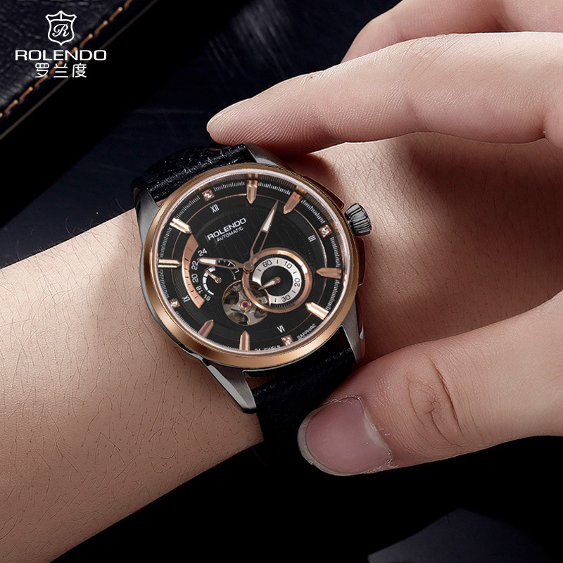 罗兰度瑞士手表防水男士罗兰度全自动机械表镂空7025黑武士玫黑