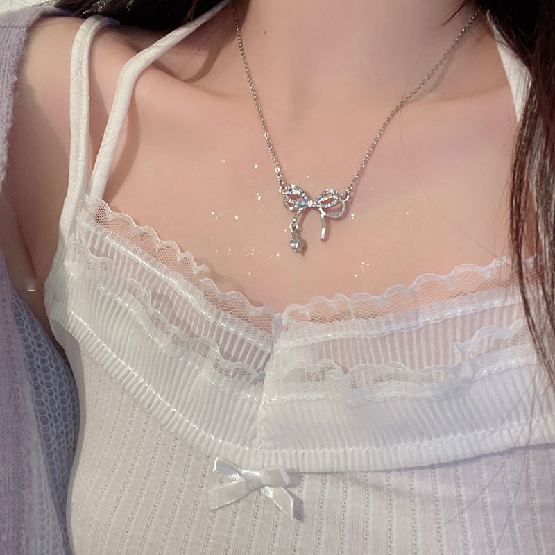 Bow Necklace Pendant Girl Heart Fresh Diamond Inlaid Clavicle Chain Gift Niche Design All-Match Necklace