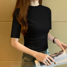 韩国半高领黑色T恤女中袖纯棉内搭衣五分袖紧身气质半袖初秋上衣