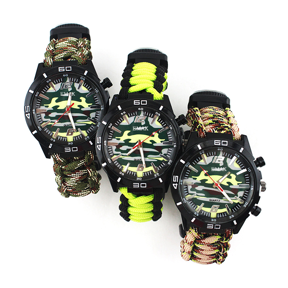 户外用品 运动防水手表 伞绳编织表带 登山表 打火石表迷彩色批发