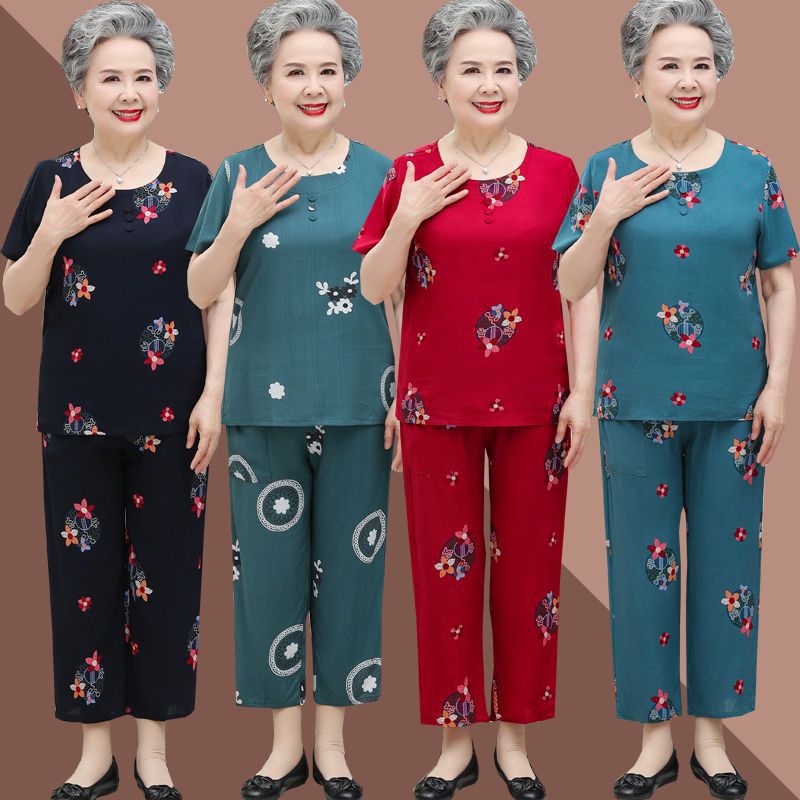 中老年人夏装女奶奶装短袖套装60岁70妈妈棉绸太太老人夏季衣服薄