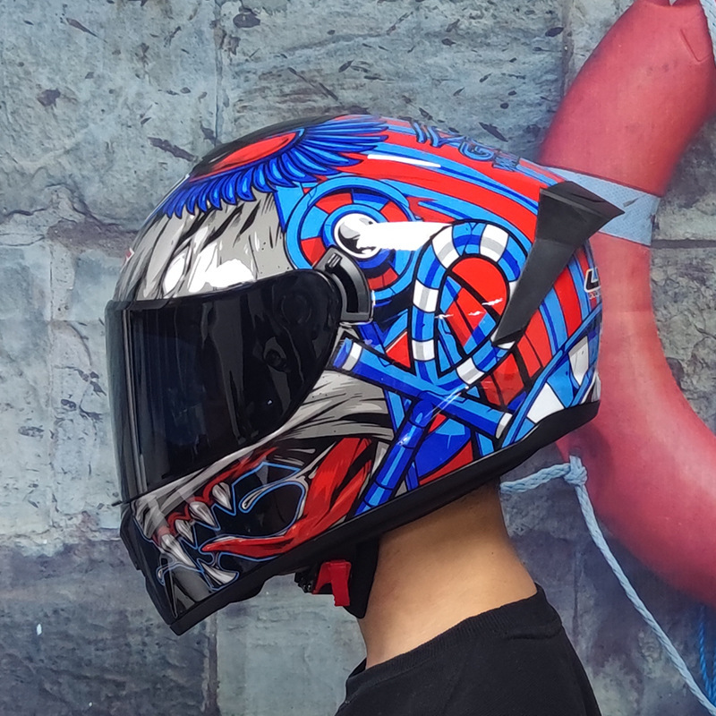 lvs仿赛街车头盔男摩托车全盔覆电动车秋冬全盔骑士双镜片长尾翼