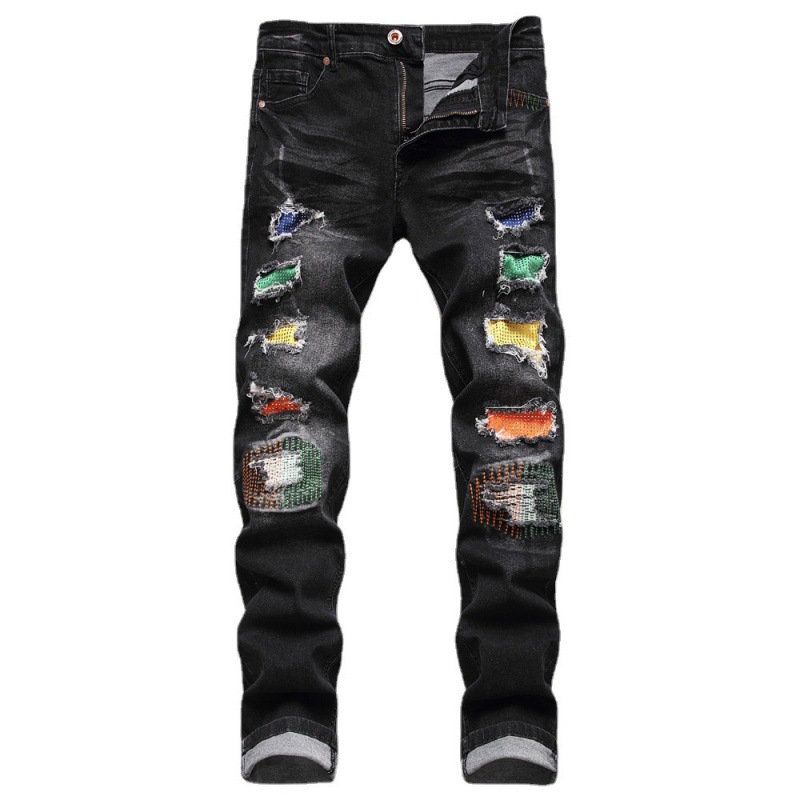 。。  European and American Foreign Trade Men's Jeans Slim Straight Washed Ripped Color Stitching Patchwork Rhinestone Denim Trousers