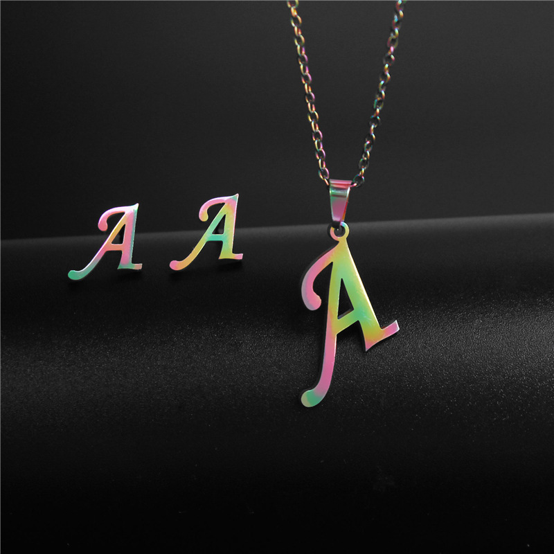 Cross-Border Colorful Accessories European Hip Hop Stainless Steel Necklace and Earring Suit Simple 26 English Letter Necklace