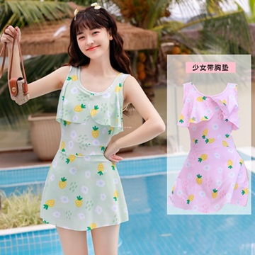 新款儿童泳衣女大童连体少女可爱裙式泳装韩版时尚印花平角游泳衣