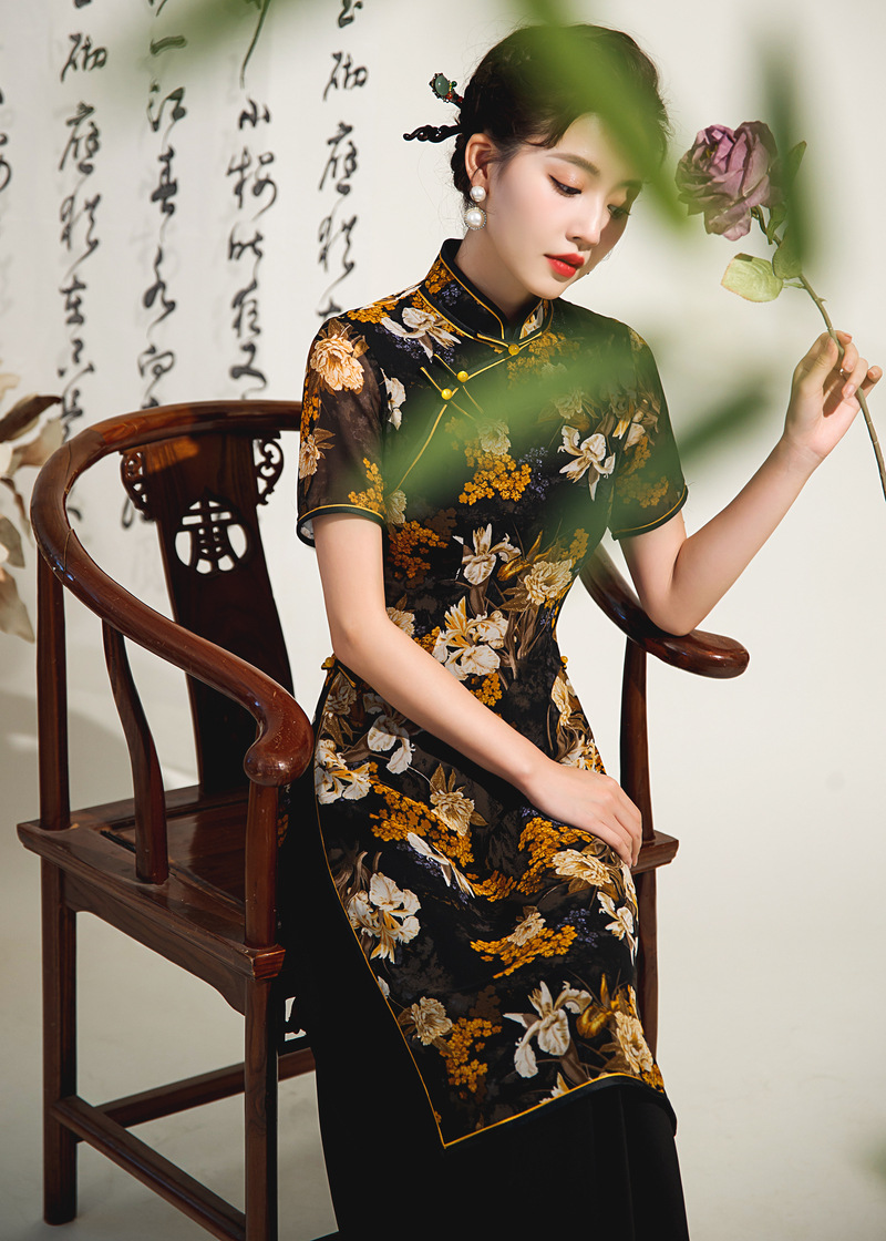 旗袍鱼尾裙2021春夏新款女改良中国风日常性感修身小香风连衣裙真丝