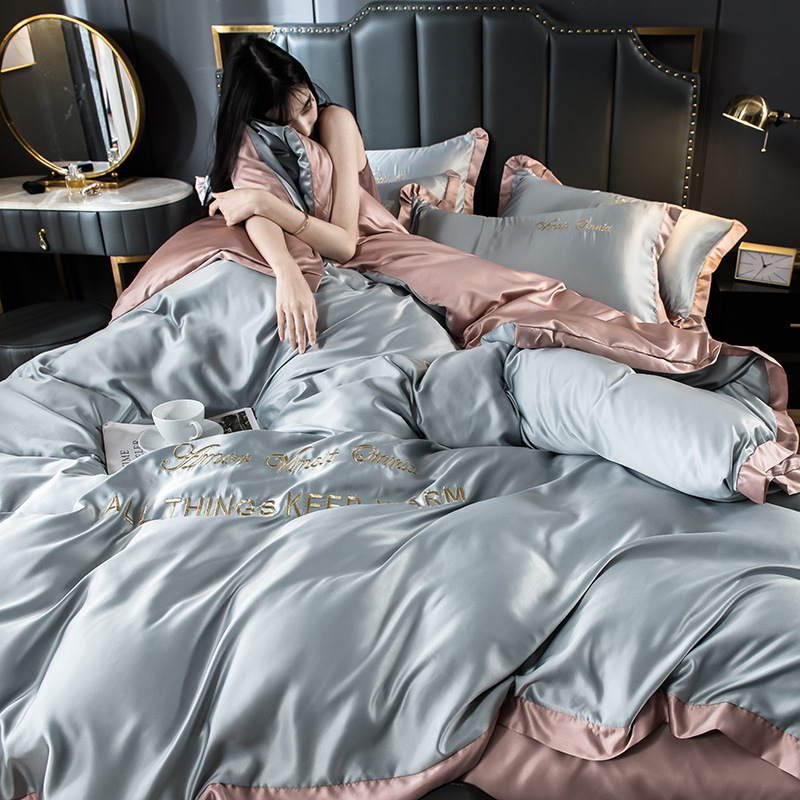 Washed Ice Silk Four-Piece Set Ice Silk European Style Silky Sleep Naked Summer Bed Sheets Quilt Cover Silk Nordic Style Bedding