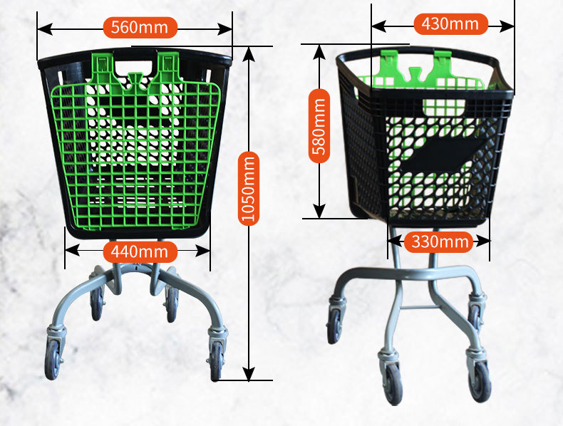 批发四方型金属底脚塑料手推车 便利店超市半塑料购物车支持