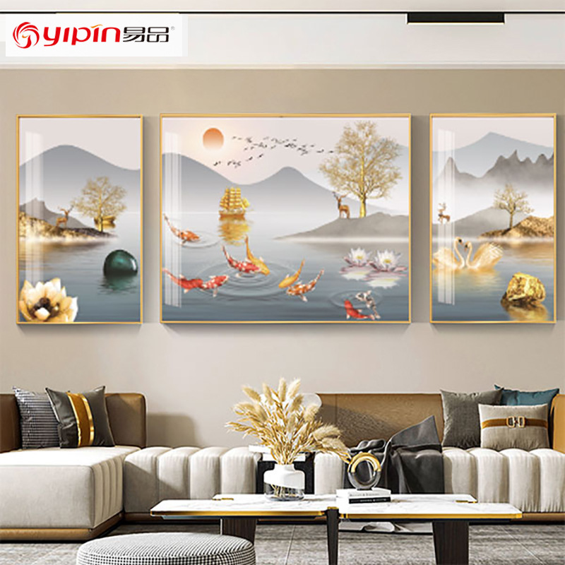 Modern Landscape Painting Nine Fish Pattern Triple Wall Painting Atmospheric Light Luxury Living Room Decorative Painting Sofa Wall Painting Mural