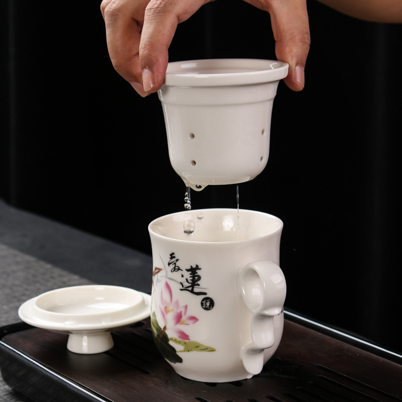 泡茶杯上禹茶杯茶水分离陶瓷带盖过滤网内胆复古家用青花办公个人
