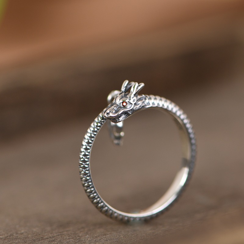 金鹿王 s925银戒指 复古素银龙戒神龙摆尾开扣龙年银戒指环饰品
