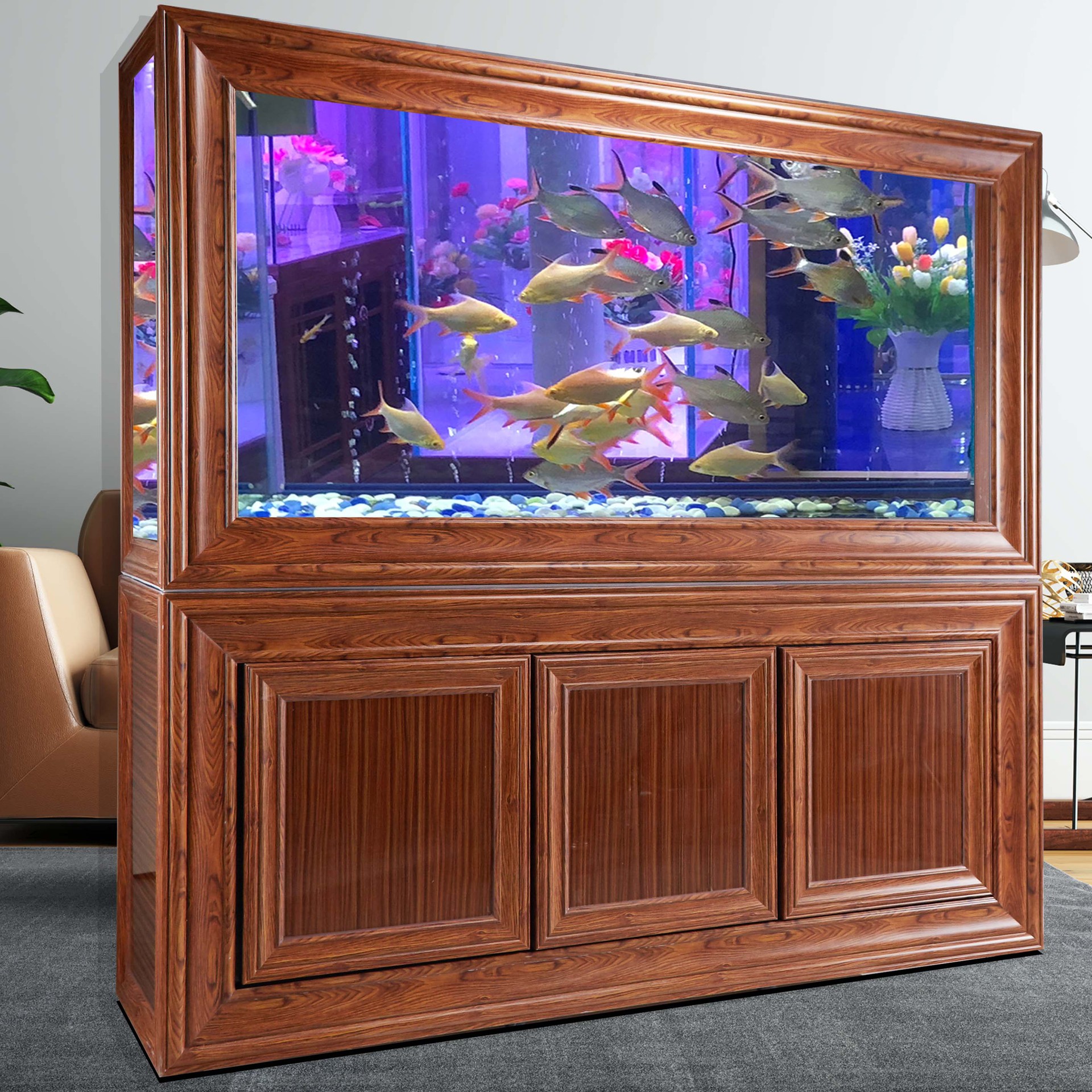 金龙鱼缸水族箱大型客厅屏风造景红木纹底滤米家用增氧玻璃静音