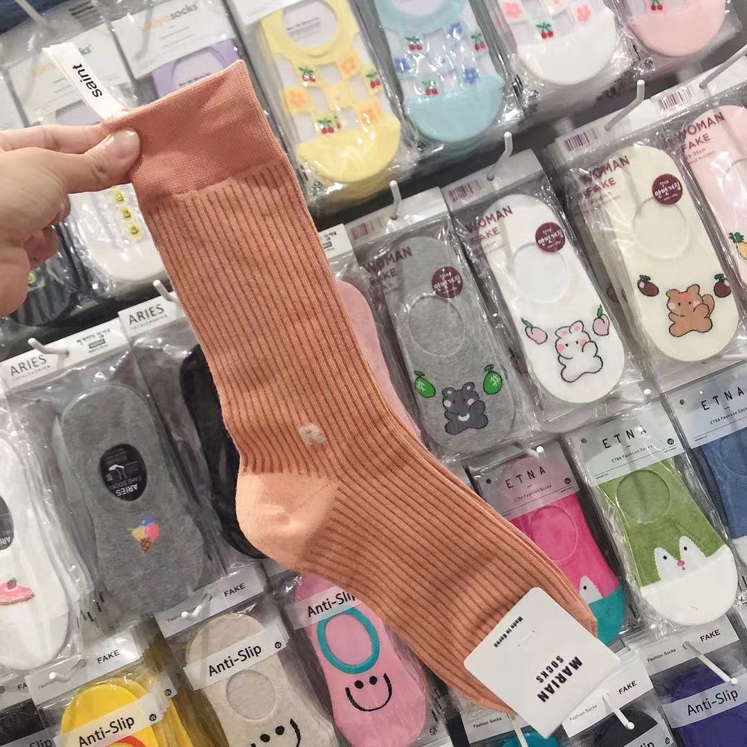 Korean-Made Socks Dongdaemun Fluorescent Candy Color Vertical Fine Lines R Lettered Casual Cotton Socks Marian Bunching Socks Women