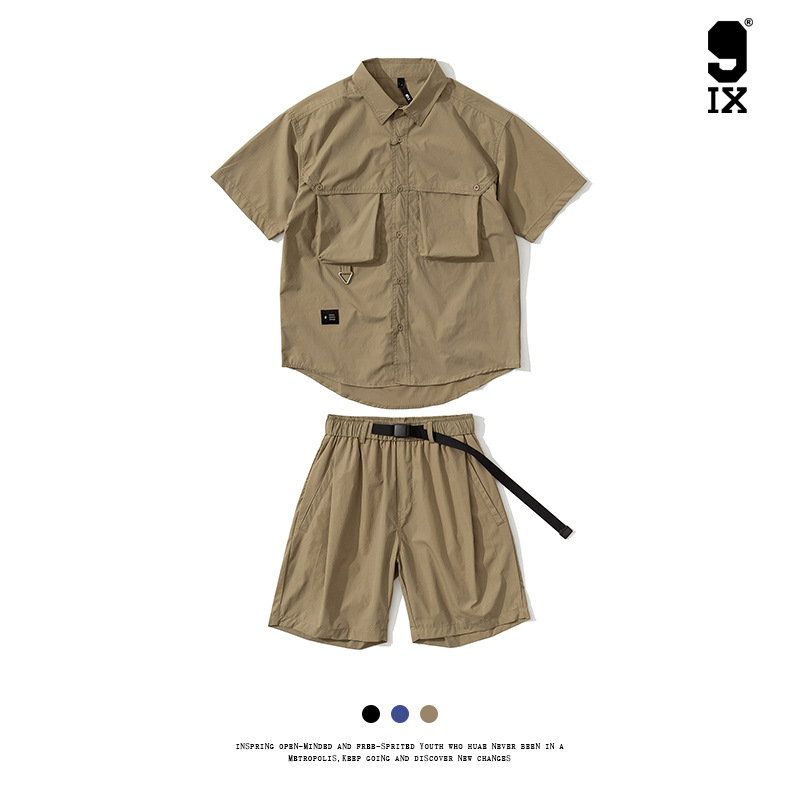 9IX男装/cityboy日系休闲工装衬衣男夏季机能风短袖短裤套装GP358