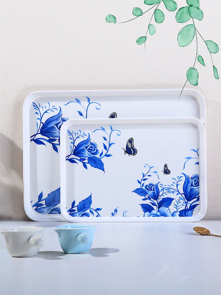 中国风青花瓷长方形家用托盘茶盘水杯托盘水果盘放杯子创意塑料