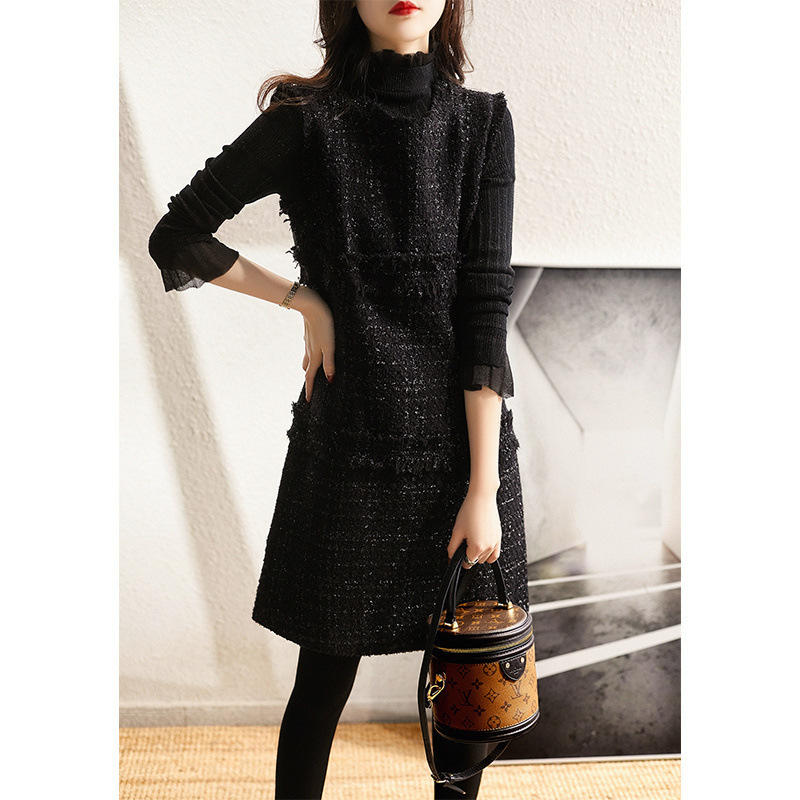 小香风背心裙女春秋法式点缀配大衣马甲裙别致黑色无袖连衣裙