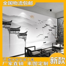 新中式徽派建筑马头墙沙发电视背景墙纸壁画饭店包厢整幅壁垣壁纸