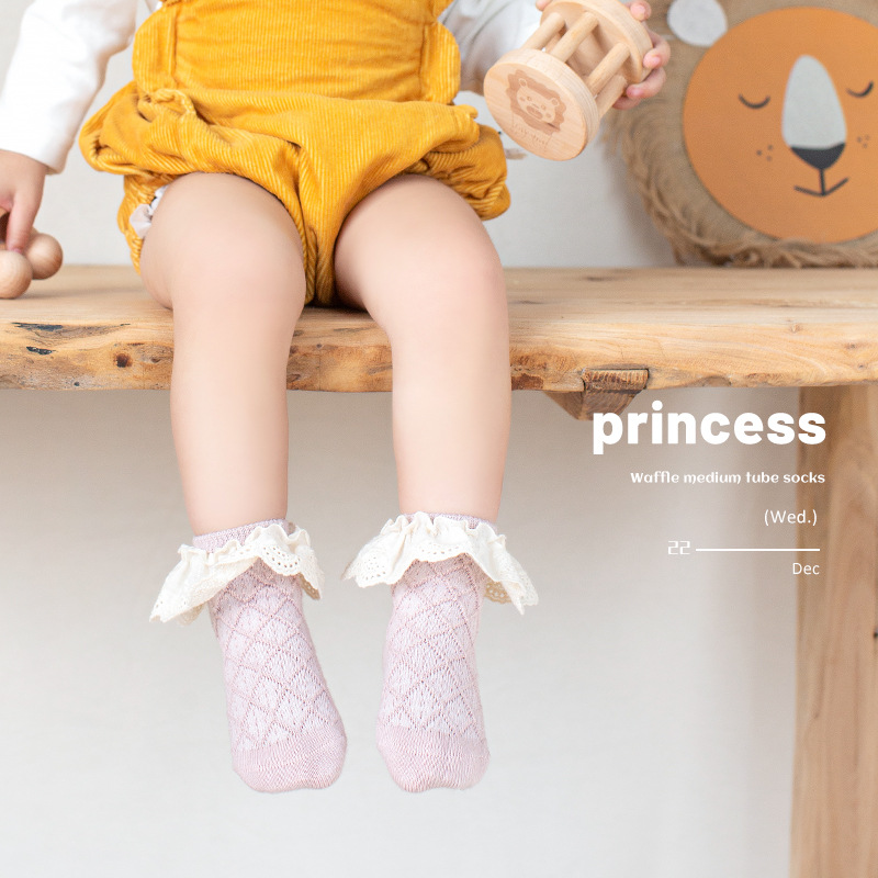 Baby Socks Autumn New Class a Cotton Korean Style Solid Color Lolita Lace Girls Mid-Calf Length Cotton Socks Children's Socks