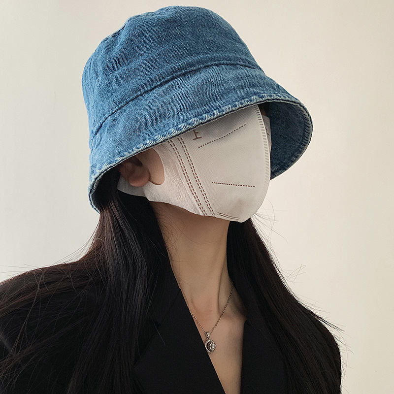 Jean Fisherman Hat Women‘s Spring Summer Japanese Face-Looking Little Wild Plain Bucket Hat Korean Style Big Head Circumference Sun Hat