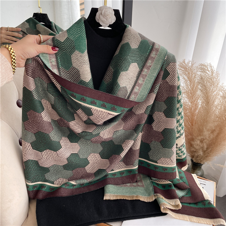 New Football Pattern Scarf Women's Cashmere Warm Shawl Korean Style Thick Double-Sided Soft Temperament Scarf Dual-Purpose