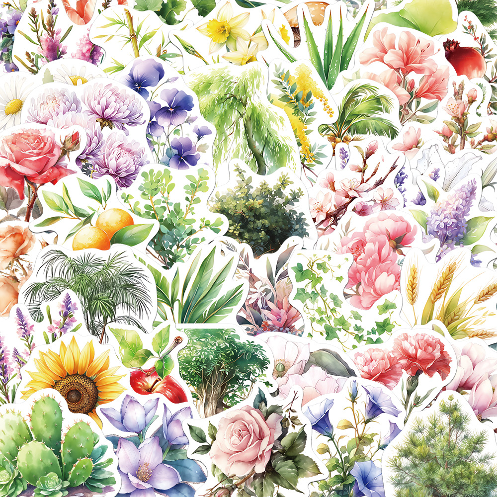 50张可爱卡通ai植物插图手账涂鸦素材贴纸文具行李箱笔记防水贴画