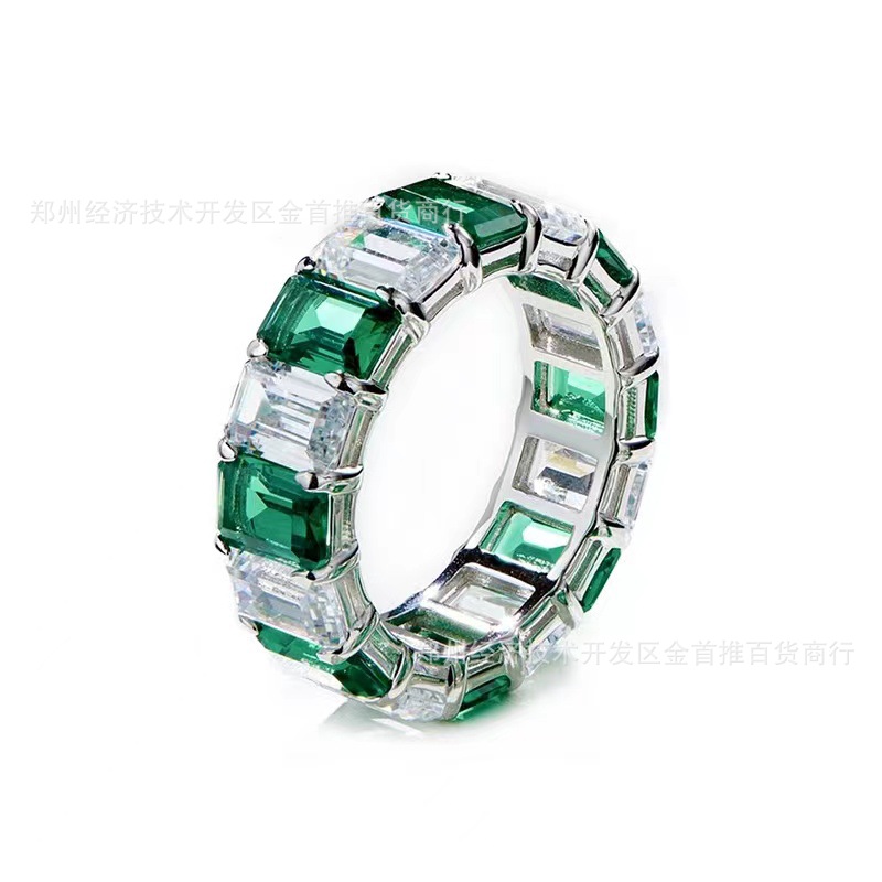 t家 925纯银高碳钻石戒指祖母绿男女指环 排钻wish ebay速卖通