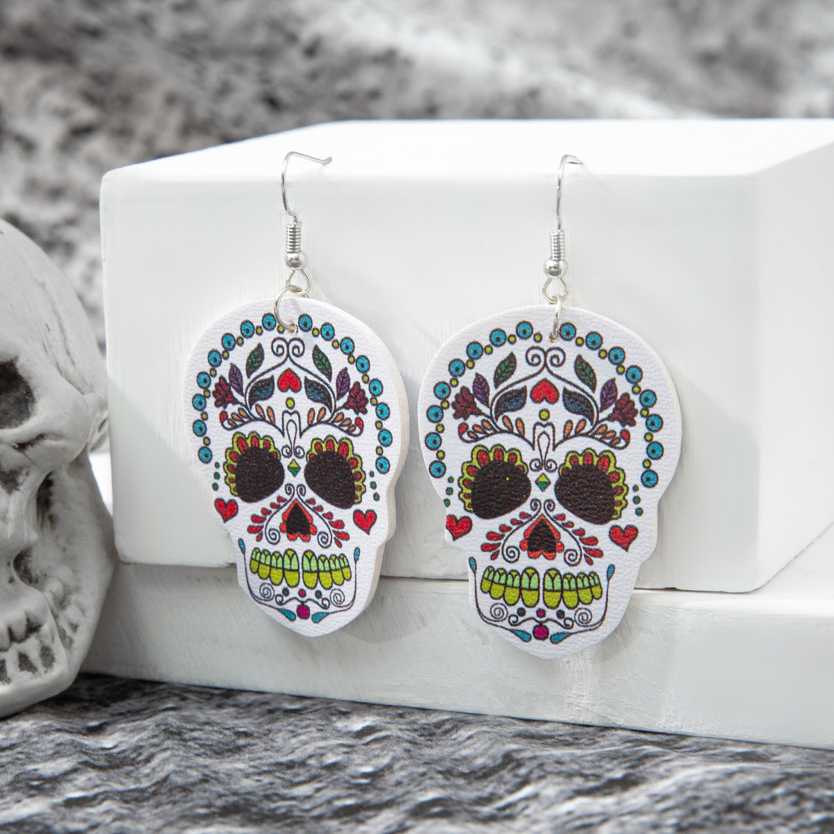 Halloween Skull Ghost Head Plant Flower Leather Earrings Earrings European and American Festival Cross-Border Amazon