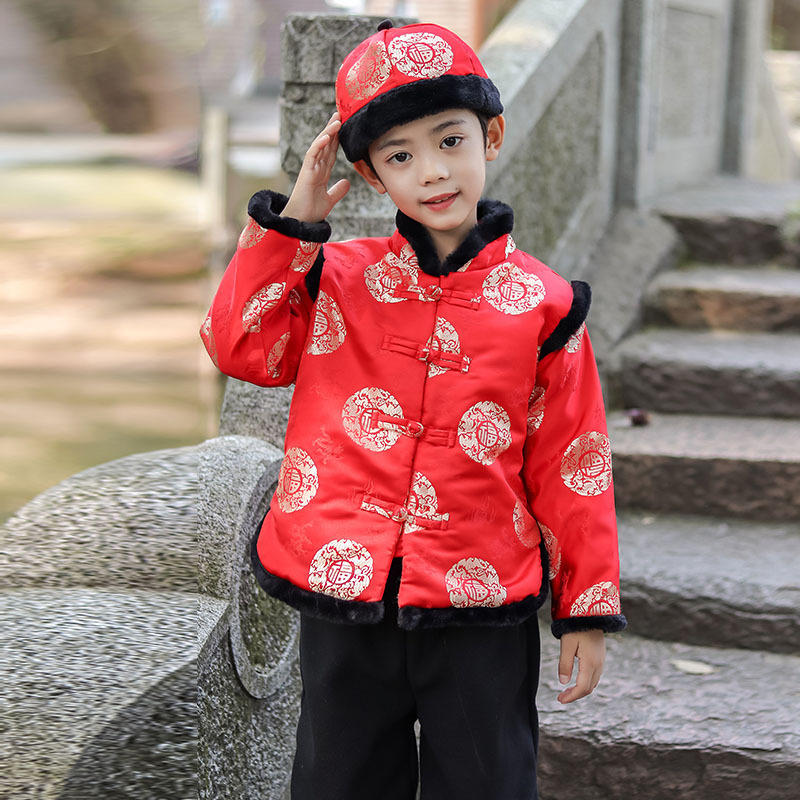 冬喜庆拜年服男宝宝汉服表演唐装套装过年新衣中国红加厚刺绣棉衣