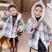 冬季韩版保暖毛毛大衣儿童羊羔绒加厚冬装格子新款韩版女童外套