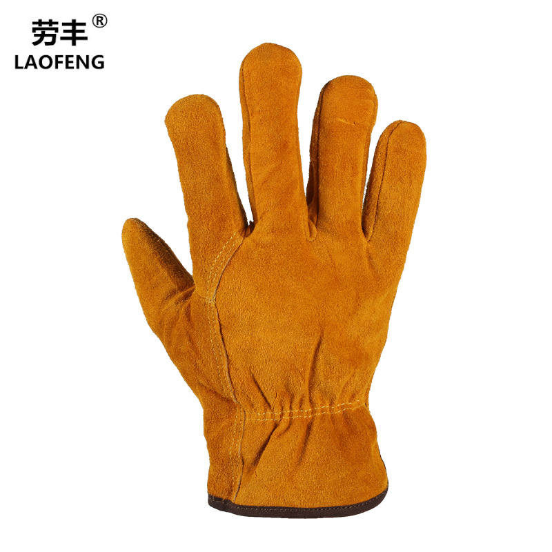 Factory Direct Sales Arc-Welder's Gloves Short Full Leather Wear-Resistant Heat-Resistant Protective Welder Welding Gloves Two-Layer Golden Driver