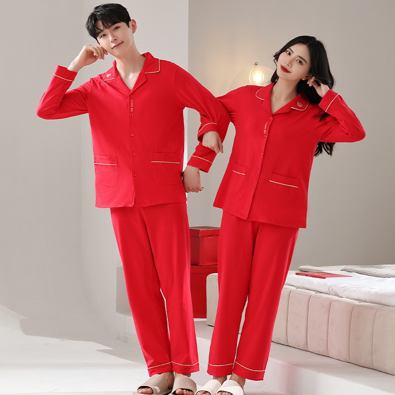 Industrial Big Red Cotton Pajamas Women's Long-Sleeved Spring and Autumn Couple's Wedding Year Pajamas Men's Autumn and Winter Suit