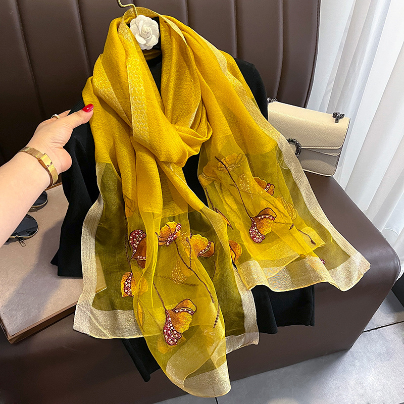 Chinese Style Pearl Flower Silk Wool Scarf Women's Embroidered Silk Scarf Warm Shawl Long Scarf to Give Mom