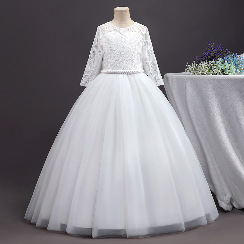 新款儿童礼服公主裙 中大童蕾丝婚纱礼服长款蓬蓬裙 长袖连衣裙