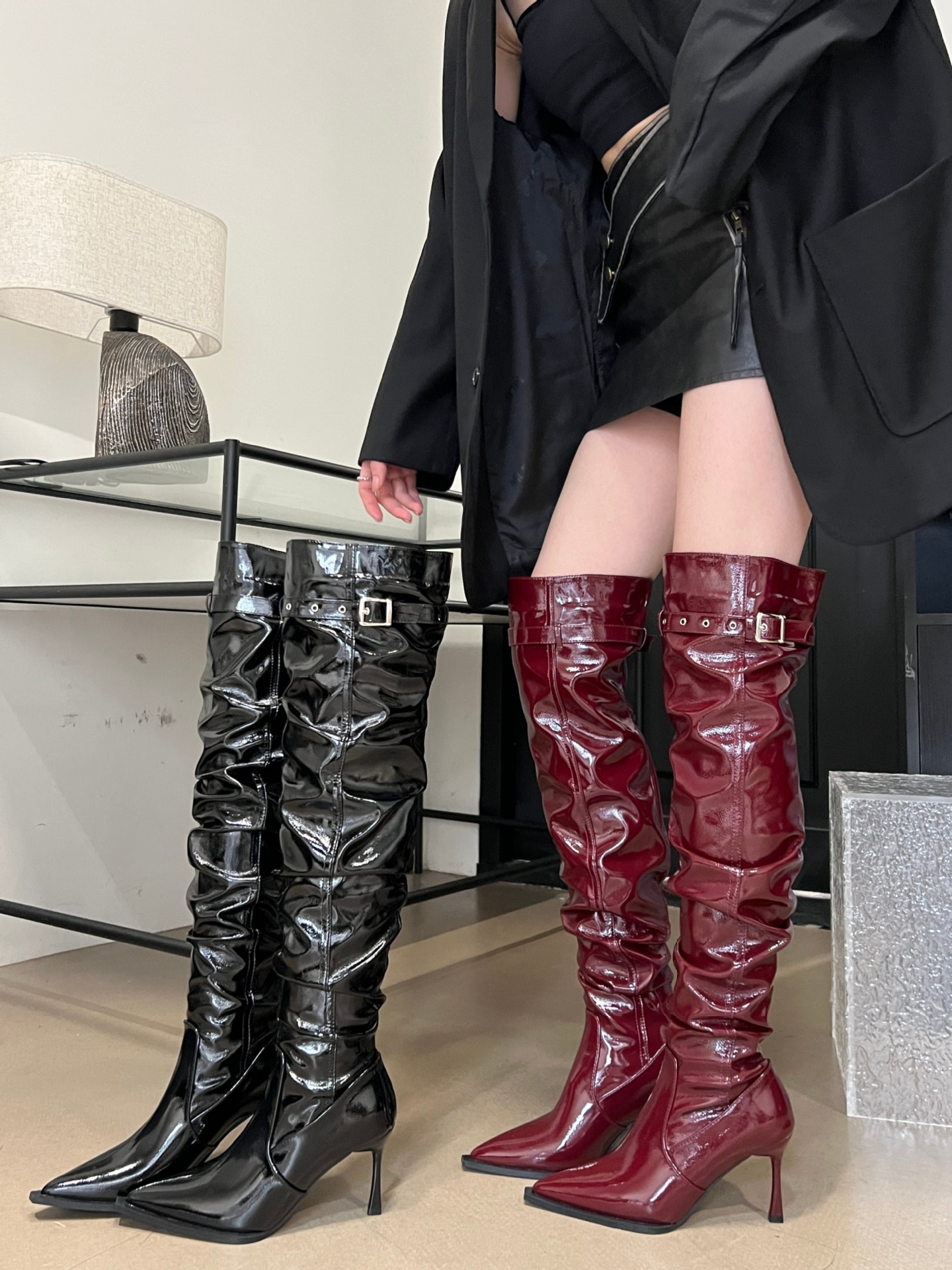 漆皮靴子女2024秋冬新款女鞋超高跟7cm时尚过膝女款长靴堆堆靴潮