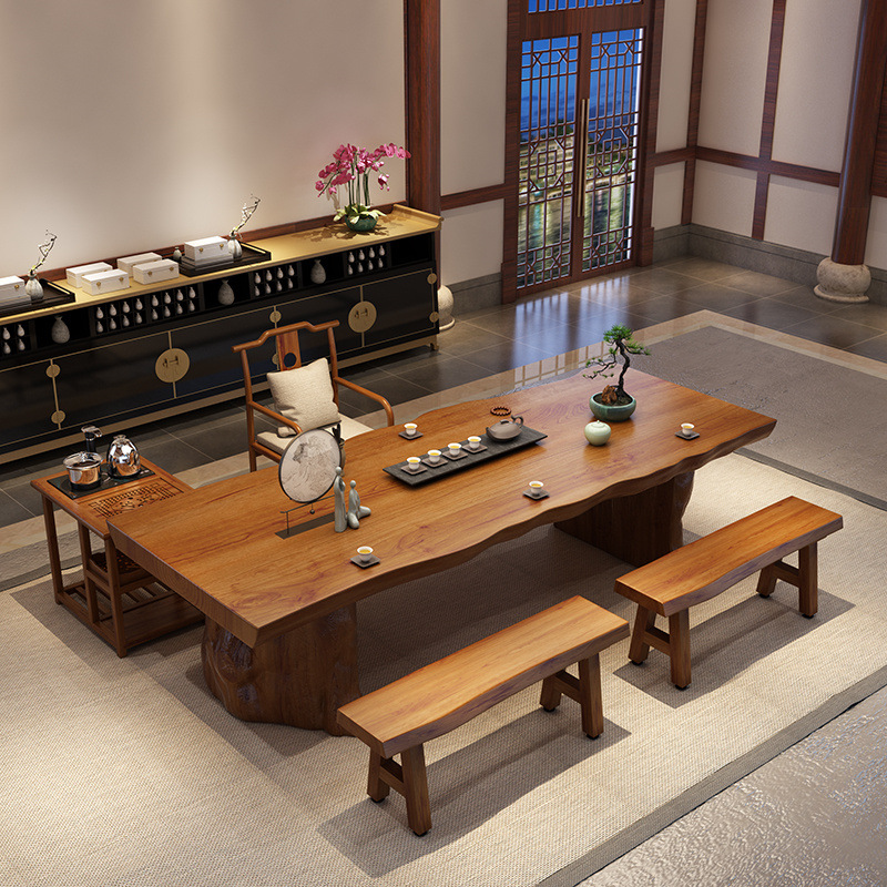新中式实木功夫泡茶桌椅子 客厅会客大板茶台 办公室茶桌椅组合-报价