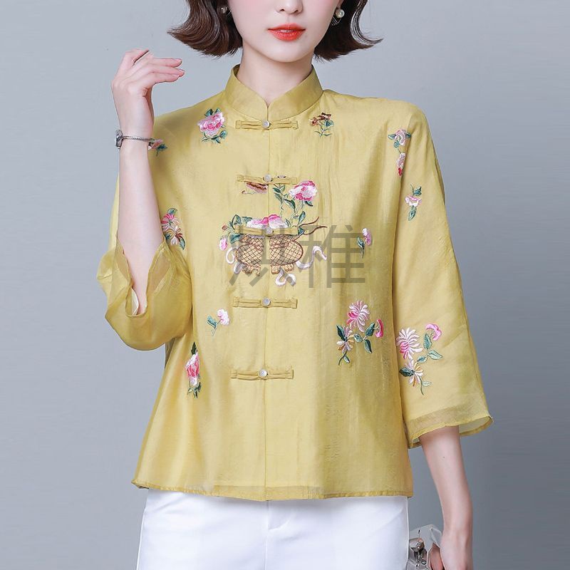 s榹5春款女装风上衣女士唐装旗袍衬衫妈妈洋气小衫刺绣打底衫