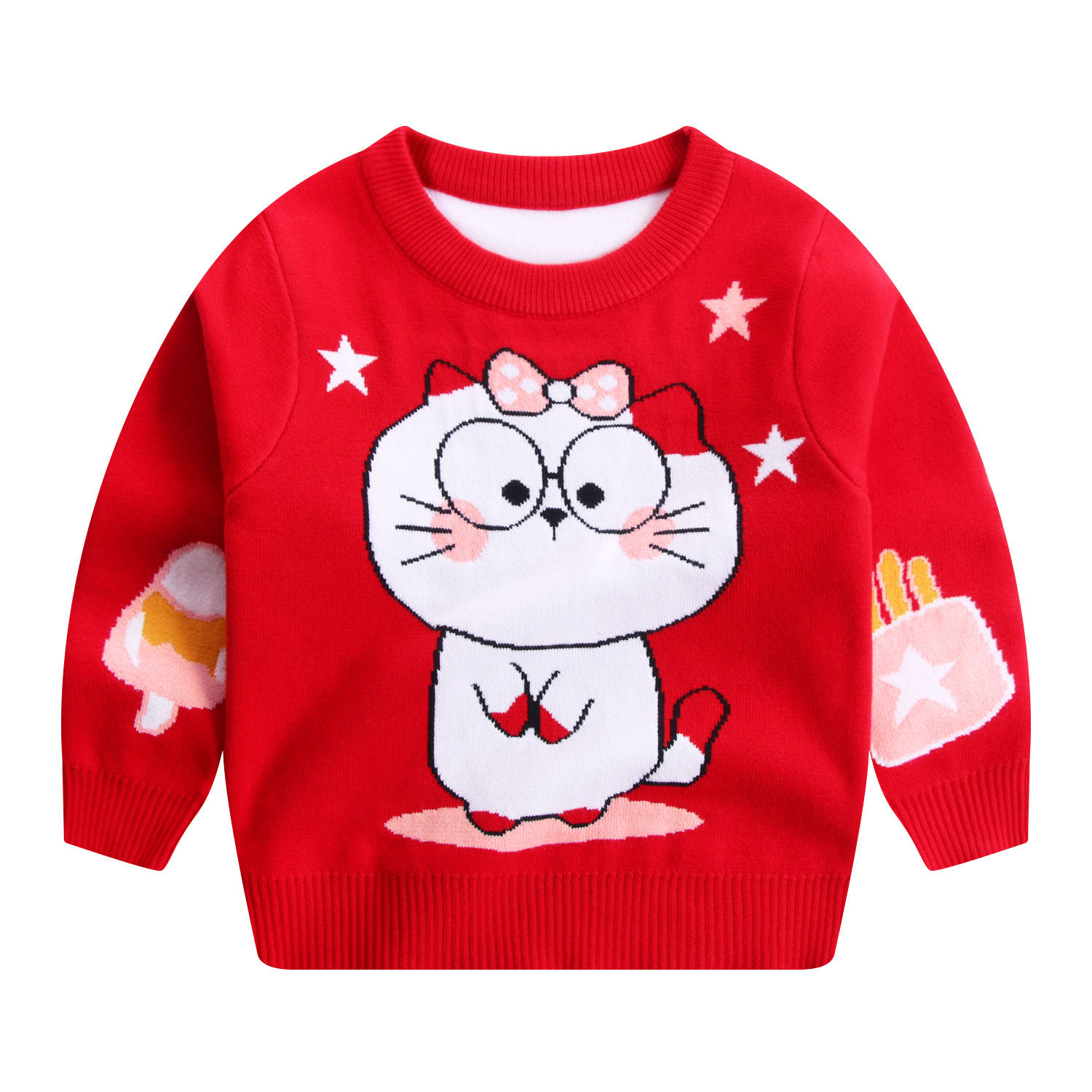 挑码 21年童装毛衣 秋冬女童针织衫 可爱猫咪 圆领棉双层保暖毛衣