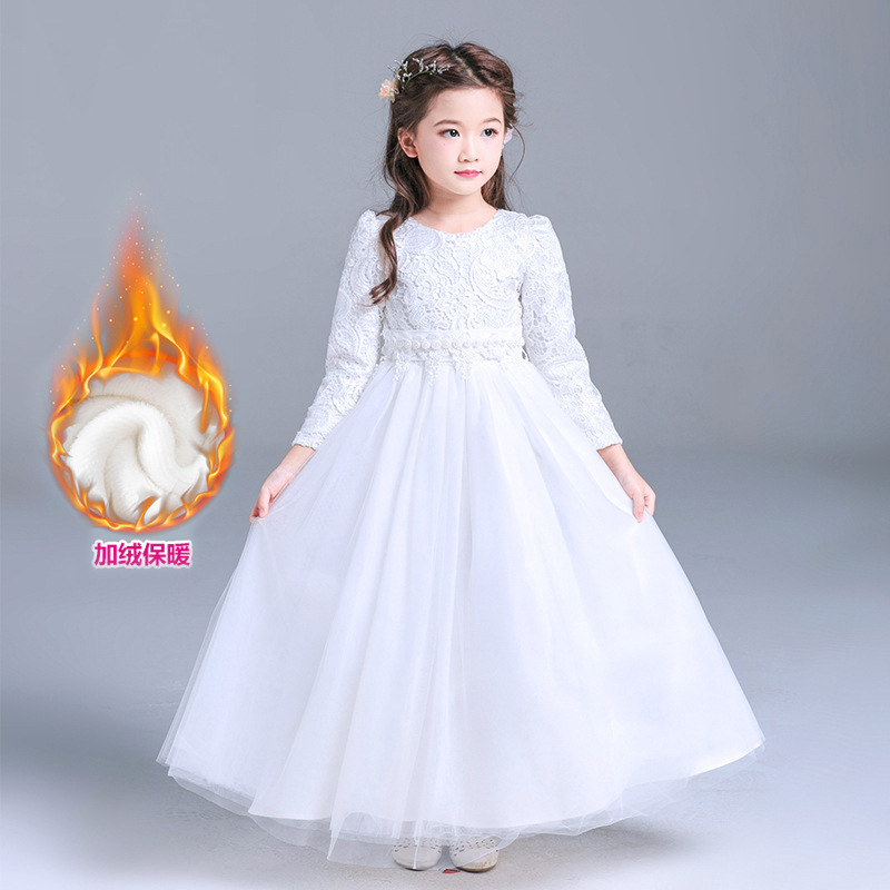 秋冬长款粉女童礼服裙加绒儿童公主蓬蓬裙大童晚礼服长裙女孩裙子