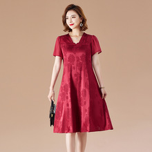 真丝连衣裙2023年夏季新款红色品牌中年妈妈婚宴喜婆婆桑蚕丝裙子