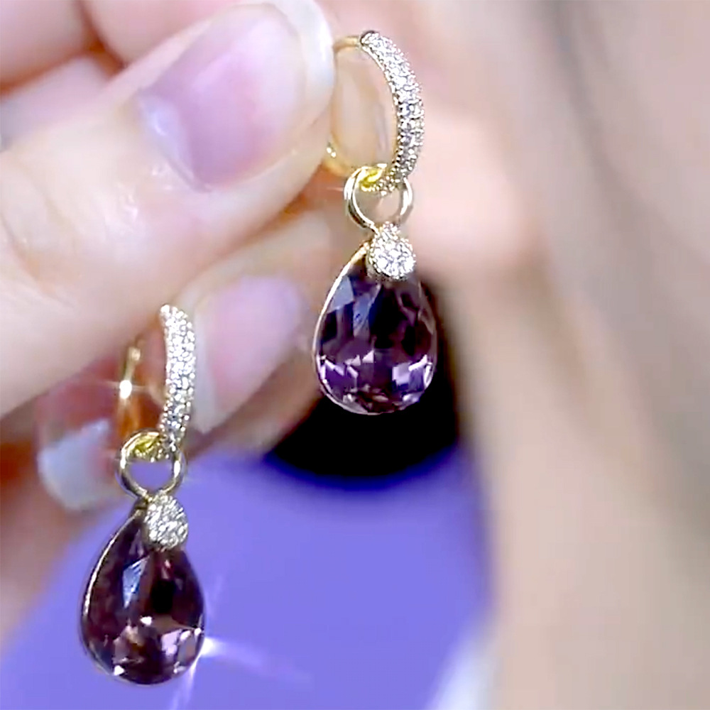 重工微镶钻水滴紫色水晶耳扣高档优雅配饰洋气奢华短款时尚耳饰女