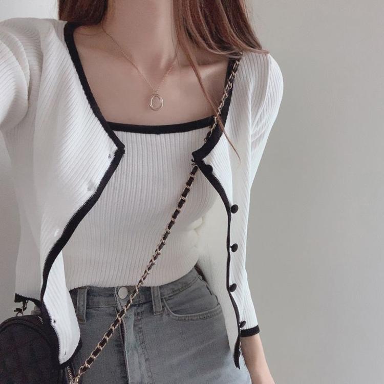 Spring and Summer Color Contrast Short Knitted Cardigan Two-Piece Set Niche Design Single-Breasted Sweater Women's Slimming Overall Dress Set